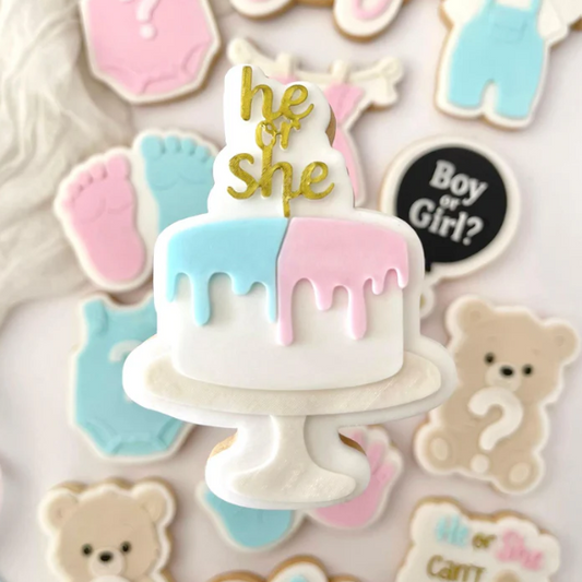 GENDER REVEAL 1 - He or She Torte (Ausstechform und Stamp)